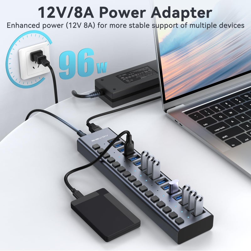 Acasis Powered USB 3.2 Hub, ACASIS 16 Ports USB 3.2 Hub with 10Gbps Data Speedï¼ŒAluminum Housing, USB Hub Powered with 96W Power Adapter, USB Hub for PC/Laptop, Computer, Flash Drive, Printer, Camera - Image 5